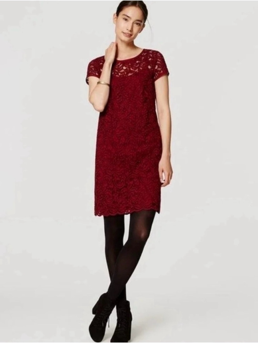 LOFT Lace Short Sleeve Shift Dress - Wine